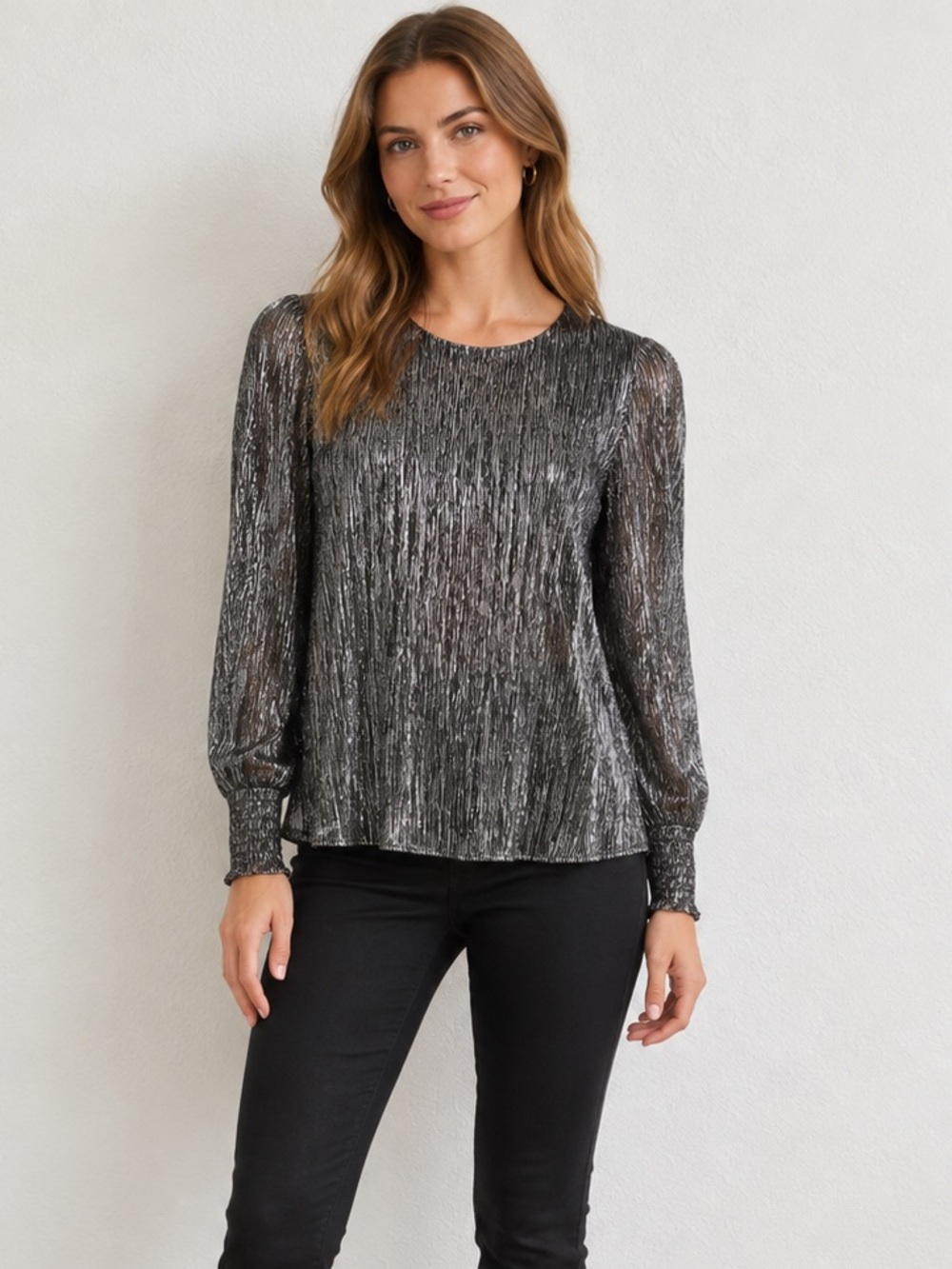 Banana Republic Metallic Gold Black Blouse Smocked Cuffs size XS